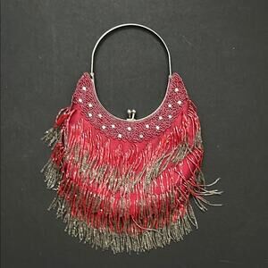 Red and Silver Fringe Handbag With Rhinestones, Metal Handle and Kiss Clasp